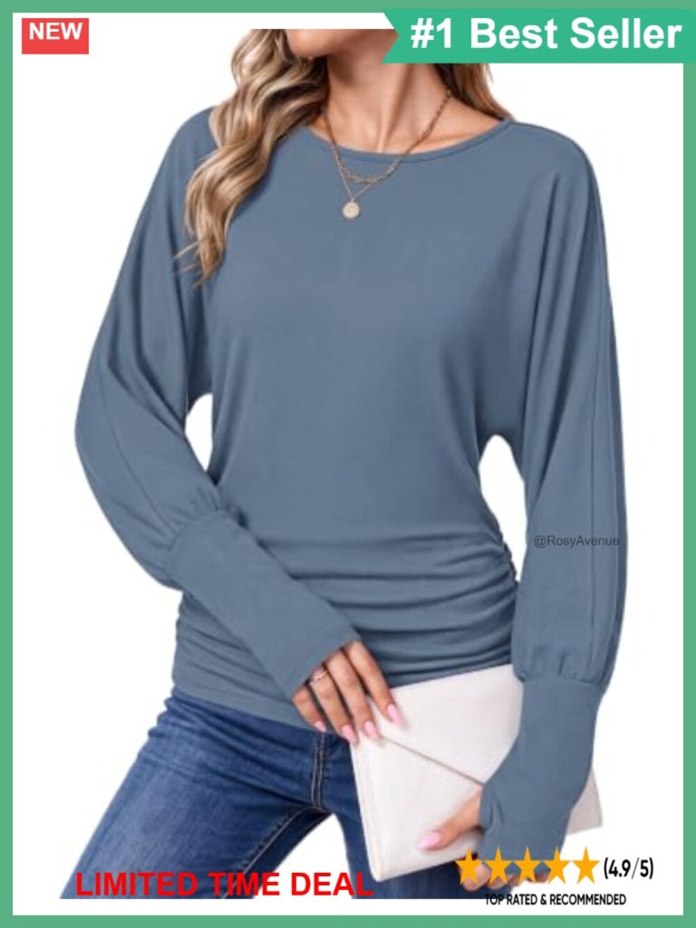 MISFAY Dolman Long Sleeve Top Ruched Hem Thumb Holes Blouson Pullover Women
